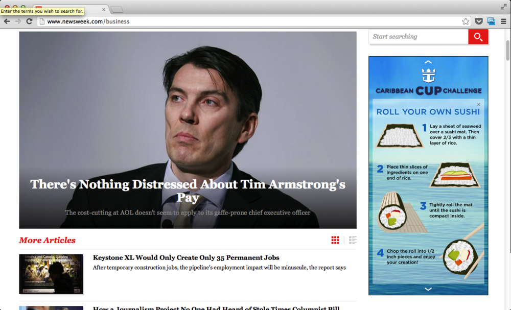 The same Caribbean Cruises ad in context on Newsweek.com, showing the result of clicking "Learn to Roll Sushi."